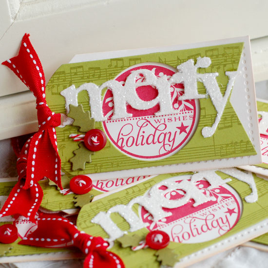 Stamps:  2011 Holiday Tags, Background Basics: Sheet Music<br />
Ink:  Pure Poppy, Ripe...