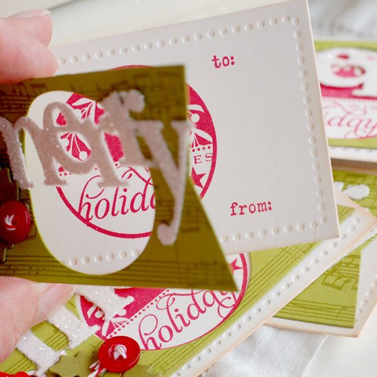 Stamps:  2011 Holiday Tags, Background Basics: Sheet Music<br />
Ink:  Pure Poppy, Ripe...