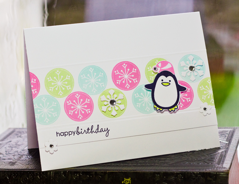 stamps- Winter Penguin<br />
Ink- SEI chalk ink- Tiffany, Cheris, Lime<br />
Paper-...