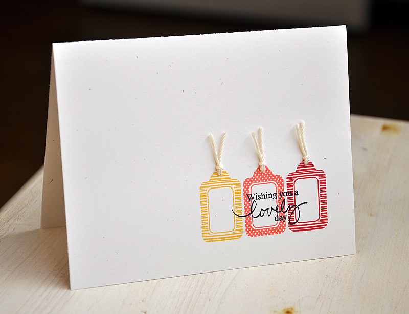 Stamps:  Tiny Tags I &amp; II and Signature Series: Butterfly<br />
Ink:  Summer Sunrise, Berry...