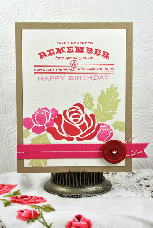 Paper: rustic cream, kraft, raspberry fizz<br />
Stamps: Rosie Posie, Harvest Berries, Birthday...