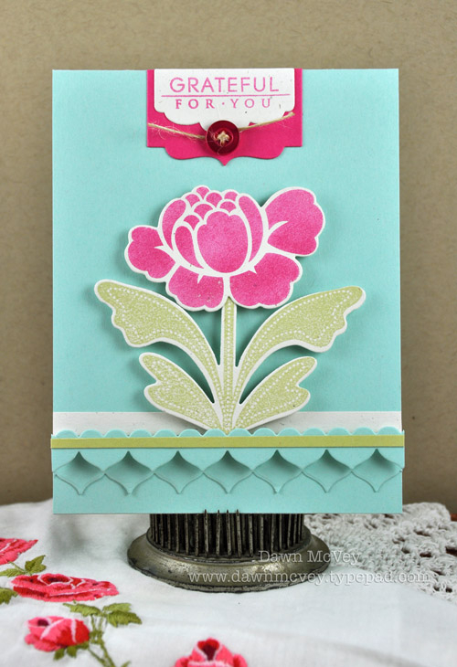 Paper: rustic cream, raspberry fizz, aqua mist, spring moss<br />
Stamps: Rosie Posie, Half...