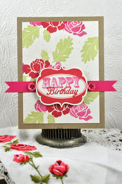 Paper: rustic cream, kraft, raspberry fizz<br />
Stamps: Rosie Posie, Happy Day, Say It With...