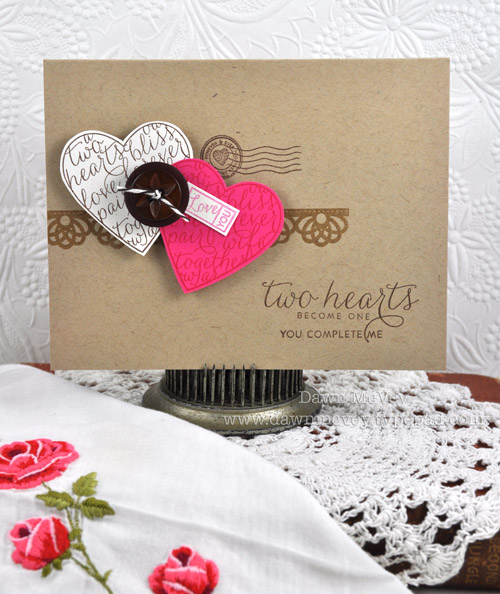 Paper: rustic cream, kraft, raspberry fizz<br />
Stamps: Love &amp; Marriage<br />
Ink: dark...