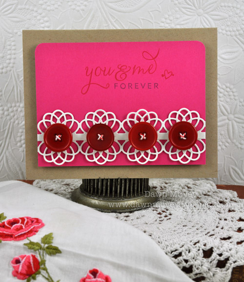 Paper: rustic cream, kraft, raspberry fizz<br />
Stamps: Love &amp; Marriage<br />
Ink: pure...