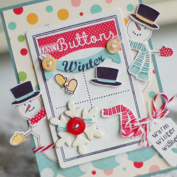 Stamps:  Made of Snow Mini, Button Boutique, Tag-its #8, Winter Cheer<br />
Ink:  Pure Poppy,...