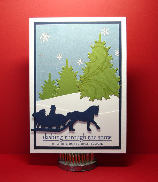 In The Meadow: <br />
      dies (trees and horse-drawn sleigh) and stamped sentiment.