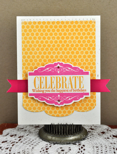 Paper: rustic cream, distressed dots<br />
Stamps: Celebrations<br />
Ink: raspberry fizz,...