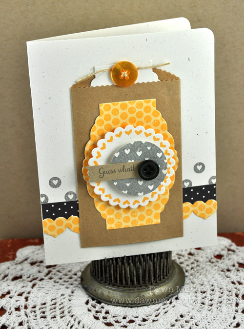 Paper: rustic cream, kraft, distressed dots, 2009 bitty dot basics<br />
Stamps: Happily Ever...
