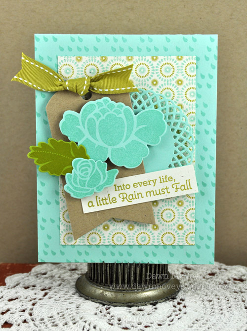 Paper: rustic cream, kraft, aqua mist, simply chartreuse<br />
Stamps: Scattered Showers,...