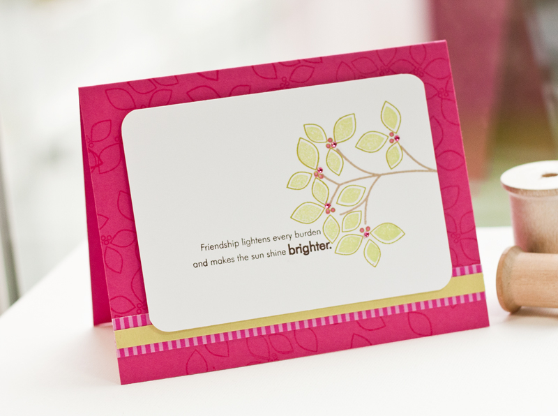 Sweet Sunshine<br />
â€¢	Stamps- Lovely Leaves<br />
â€¢	Ink- Raspberry Fizz, Kraft, Simply...