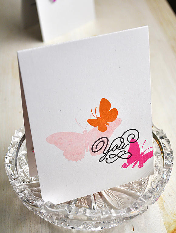 Stamps:  Beautiful Butterflies, Simply You &amp; Background Basic: Medallion<br />
Ink:  Sweet...