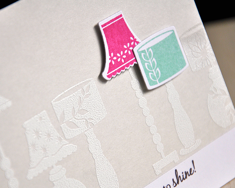 Stamps:  Lighten Up &amp; Lighten Up Sentiments<br />
Ink:  Versamark, Raspberry Fizz, Aqua...