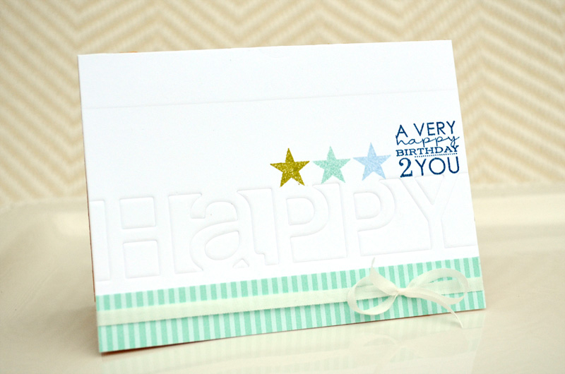 {Happy Happy Birthday} card<br />
Stamps - Framed Out #1<br />
CS - White<br />
PP - Aqua...