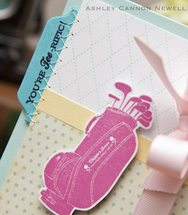 Supplies<br />
<br />
Stamps: On the Links<br />
Ink: True Black + Raspberry Fizz + Aqua...