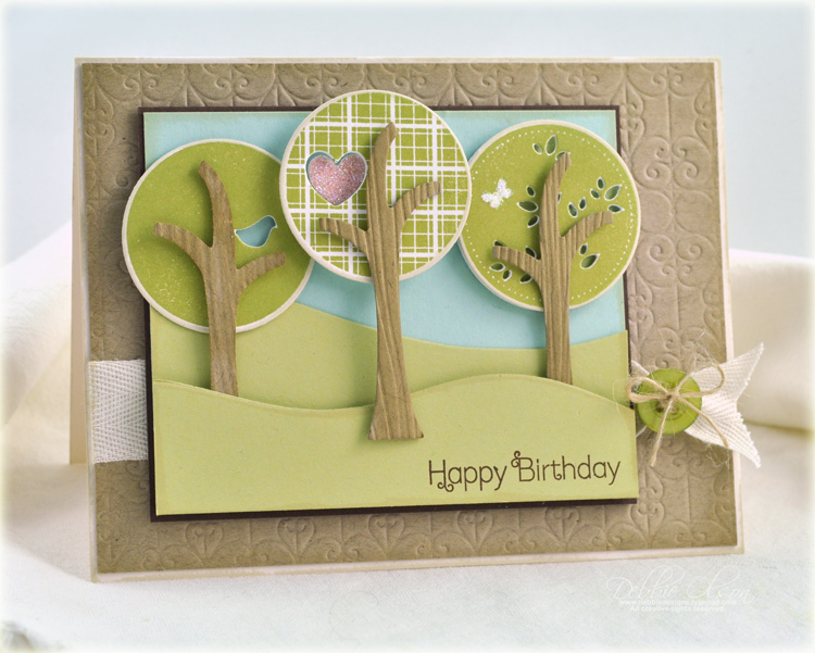 Stamps: Trendy Tree Tops<br />
Cardstock: Kraft, Aqua Mist, Spring Moss, Rustic White<br />...