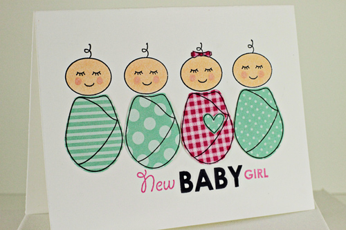 New Baby Girl<br />
<br />
<br />
Stamps: Baby Face, Sweet Baby<br />
Patterned Paper: Aqua...