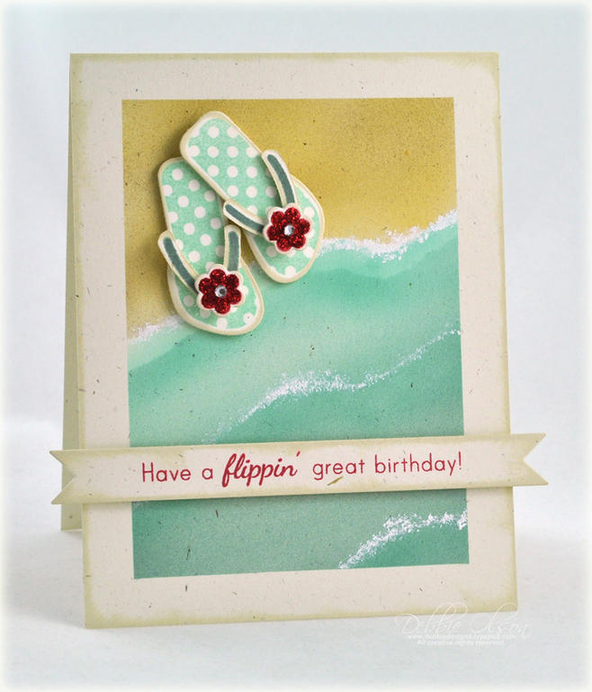 Stamps: Flipping Out<br />
Cardstock: Rustic White<br />
Ink: Aqua Mist, Ocean Tides, Pure...