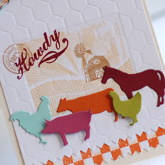 Stamps:  On the Farm<br />
Ink:  Fine Linen, Classic Kraft, Scarlet Jewel, Canyon Clay<br />...