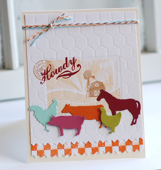 Stamps:  On the Farm<br />
Ink:  Fine Linen, Classic Kraft, Scarlet Jewel, Canyon Clay<br />...