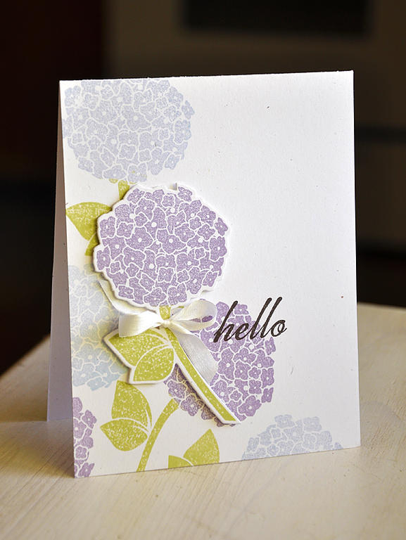 Stamps:  Happy Hydrangea<br />
Ink:  Spring Moss, Spring Rain, Winter Wisteria &amp; Smokey...