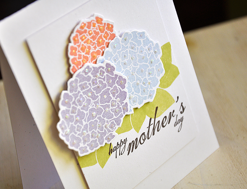 Stamps:  Happy Hydrangea<br />
Ink: Winter Wisteria, Spring Rain, Melon Berry, Spring Moss...