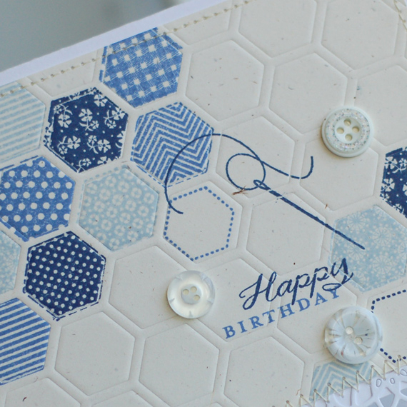 Stamps:  Happy Hexagons, Quilter&#039;s Sampler<br />
Ink:  Spring Rain, Blueberry Sky, Spring...