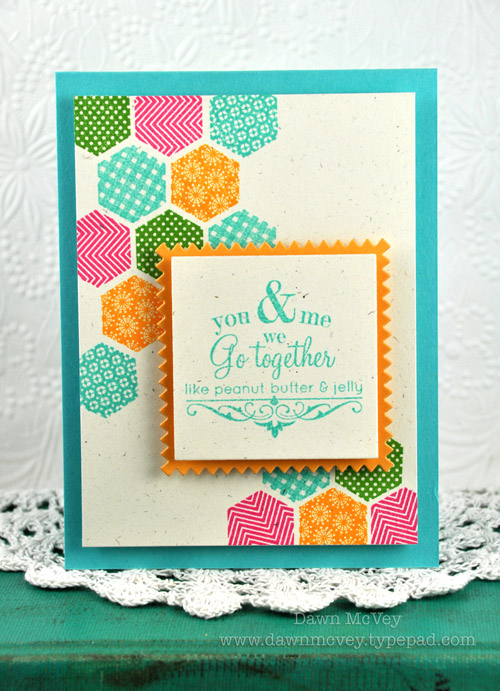 Paper: rustic cream, summer sunrise, hawaiian shores<br />
Stamps: Happy Hexagons, We Go...