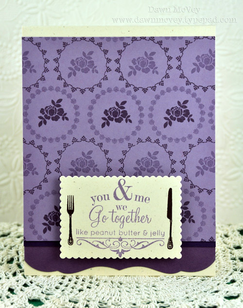 Paper: rustic cream, winter wisteria, plum pudding, royal velvet<br />
Stamps: We Go Together,...