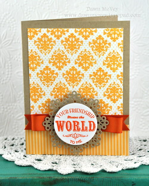Paper: rustic cream, kraft, summer sunrise pattern pack<br />
Stamps: We Go Together, Damask...