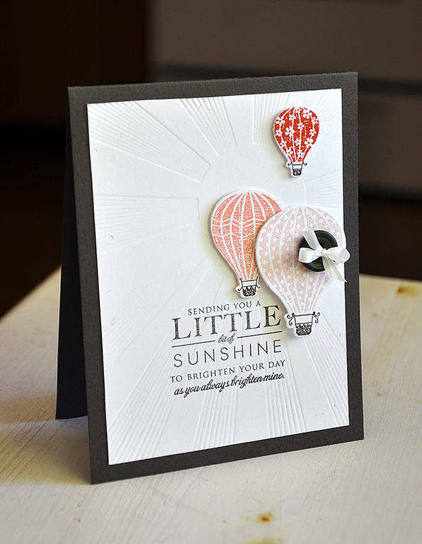 Stamps:  Hello Sunshine and Up, Up &amp; Away<br />
Ink:  Sweet Blush, Melon Berry, Terracotta...