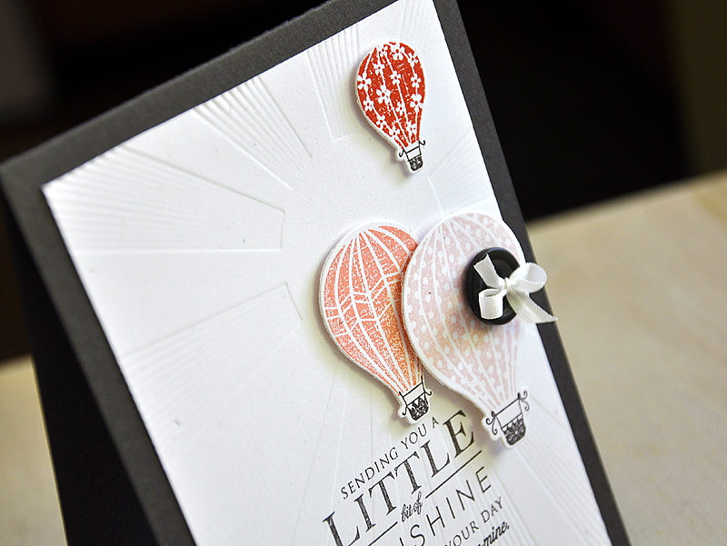 Stamps:  Hello Sunshine and Up, Up &amp; Away<br />
Ink:  Sweet Blush, Melon Berry, Terracotta...