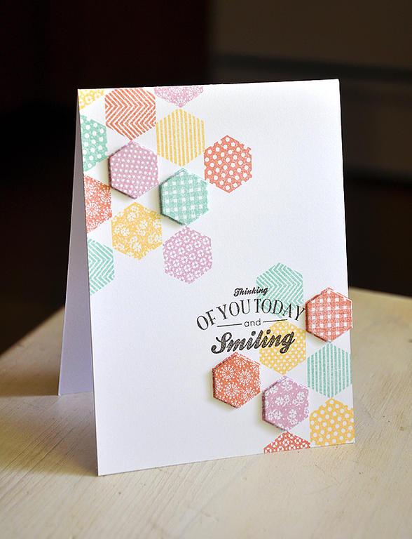 Stamps:  Happy Hexagons &amp; We Go Together<br />
Ink:  Aqua Mist, Melon Berry, Harvest Gold,...