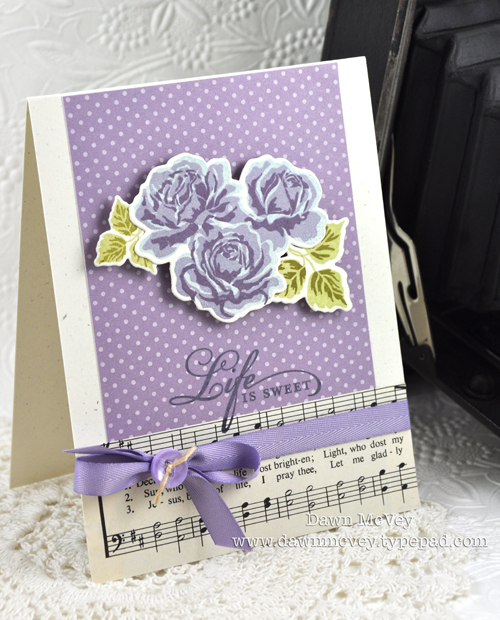 Paper: rustic cream, winter wisteria pattern pack, vintage sheet music<br />
Stamps: The Sweet...