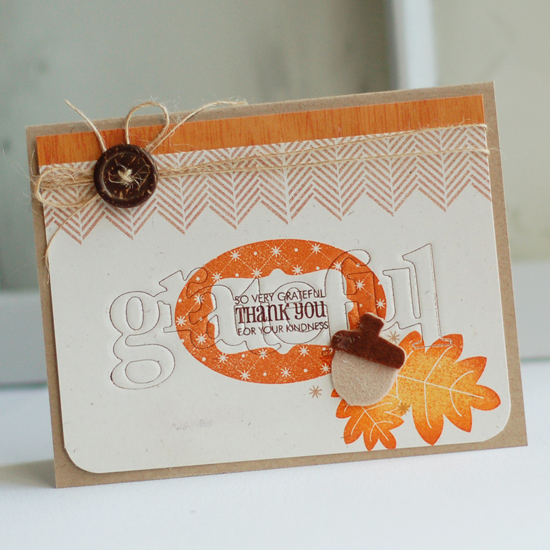 Stamps:  Framed Out #7, Background Basics: Herringbone, Autumn Acorns<br />
Ink:  Dark...