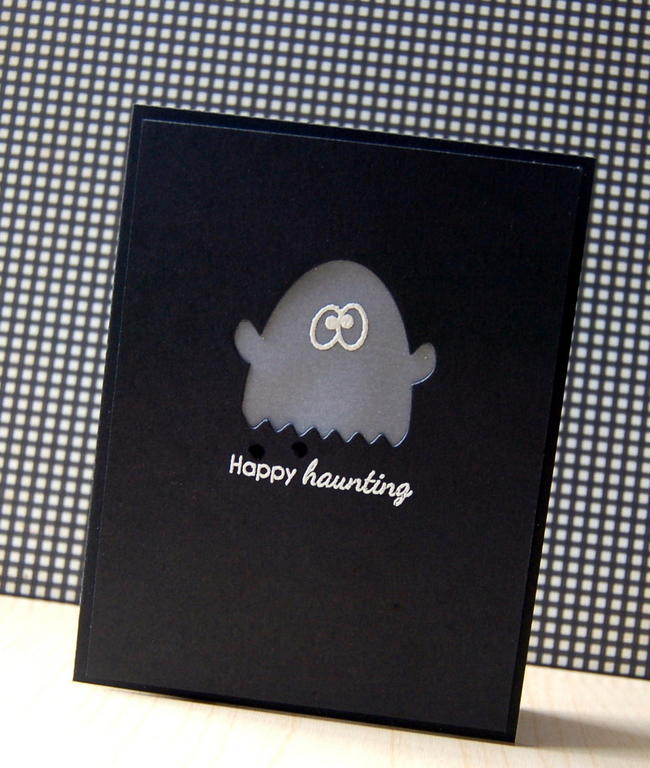 Cardstock: true black<br />
Stamps: Happy Haunting<br />
Ink: VersaMark<br />
Die: Happy...