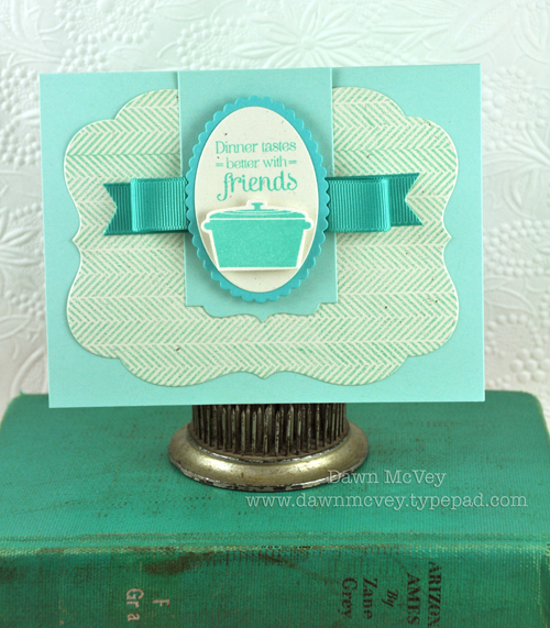 Paper: rustic cream, aqua mist, hawaiian shores<br />
Stamps: Foodie Fun, Background Basics:...