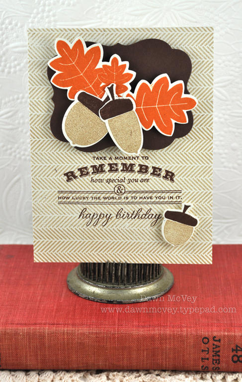 Paper: rustic cream, dark chocolate<br />
Stamps: Background Basics: Herringbone, Autumn...