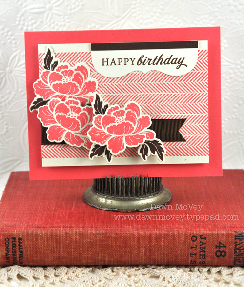 Paper: rustic cream, berry sorbet, dark chocolate<br />
Stamps: Background Basics: Herringbone,...