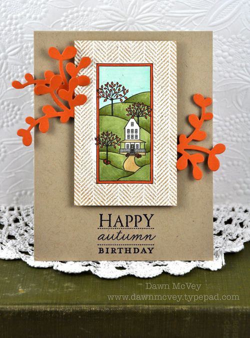 Paper: rustic cream, kraft, canyon clay<br />
Stamps: Autumn Hills, Background Basics:...
