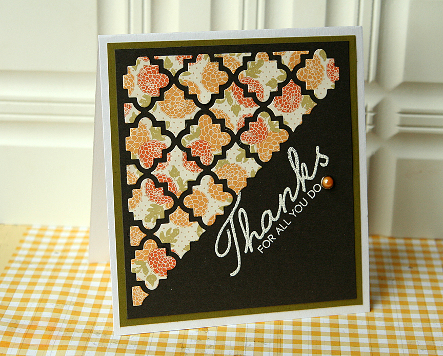 STAMPS: Thanks All Ways<br />
INK: Fresh Snow<br />
PAPER: Smokey Shadow cardstock, Ripe...