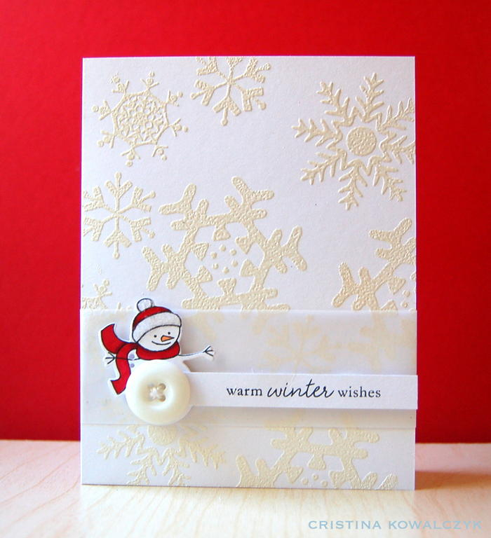 Cardstock: white<br />
Specialty paper: vellum<br />
Stamps: Holiday Button Bits, Snowflake...
