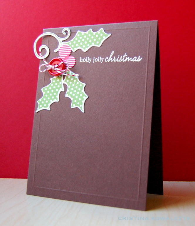 Cardstock: dark chocolate, white<br />
Stamps: Holiday Button Bits<br />
Ink: new leaf, pure...