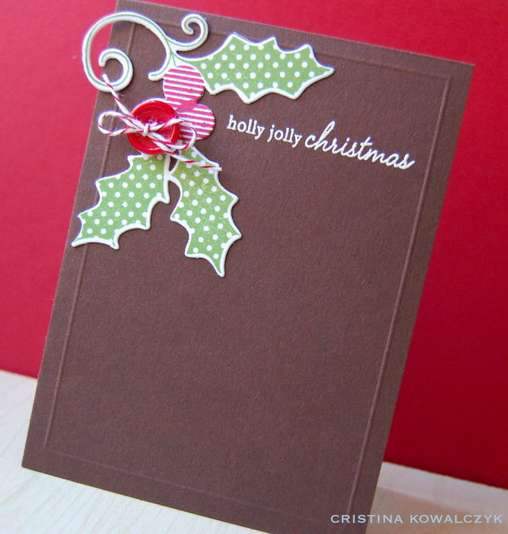 Cardstock: dark chocolate, white<br />
Stamps: Holiday Button Bits<br />
Ink: new leaf, pure...