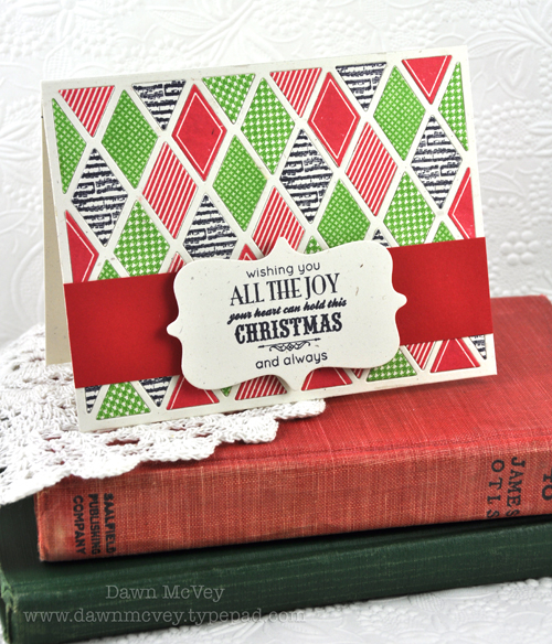 Paper: rustic cream, pure poppy<br />
Stamps: Happiest of Holidays, Happy Harlequin<br />
Ink:...