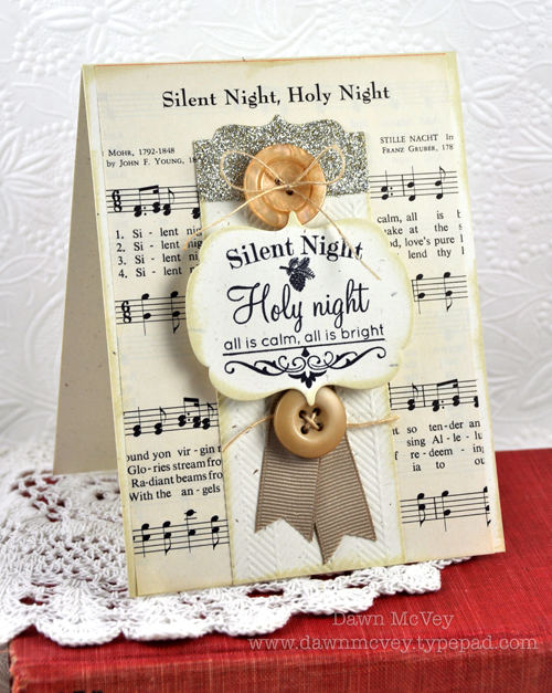 Paper: rustic cream, vintage sheet music<br />
Stamps: Happiest of Holidays<br />
Ink: true...