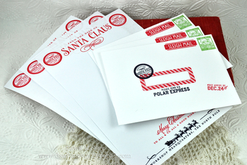 Paper: copy paper, A2 envelopes<br />
Stamps: Santa Stationery<br />
Ink: pure poppy, true...