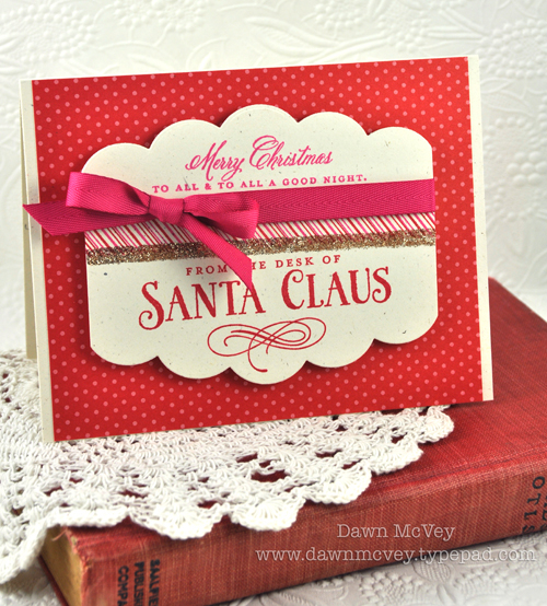 Paper: rustic cream, pure poppy pattern pack<br />
Stamps: Santa Stationery<br />
Ink: pure...