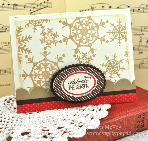 Paper: rustic cream, kraft, dark chocolate, pure poppy pattern pack<br />
Stamps: Snowflake...