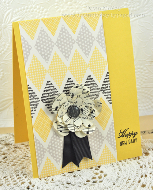 Paper: vintage cream, harvest gold, vintage sheet music<br />
Stamps: Happy Harlequin<br />...